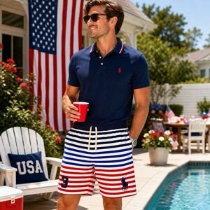 Polo Ralph Lauren Big Pony Shorts Mens Size LT Americana Stripe Red White Blue
